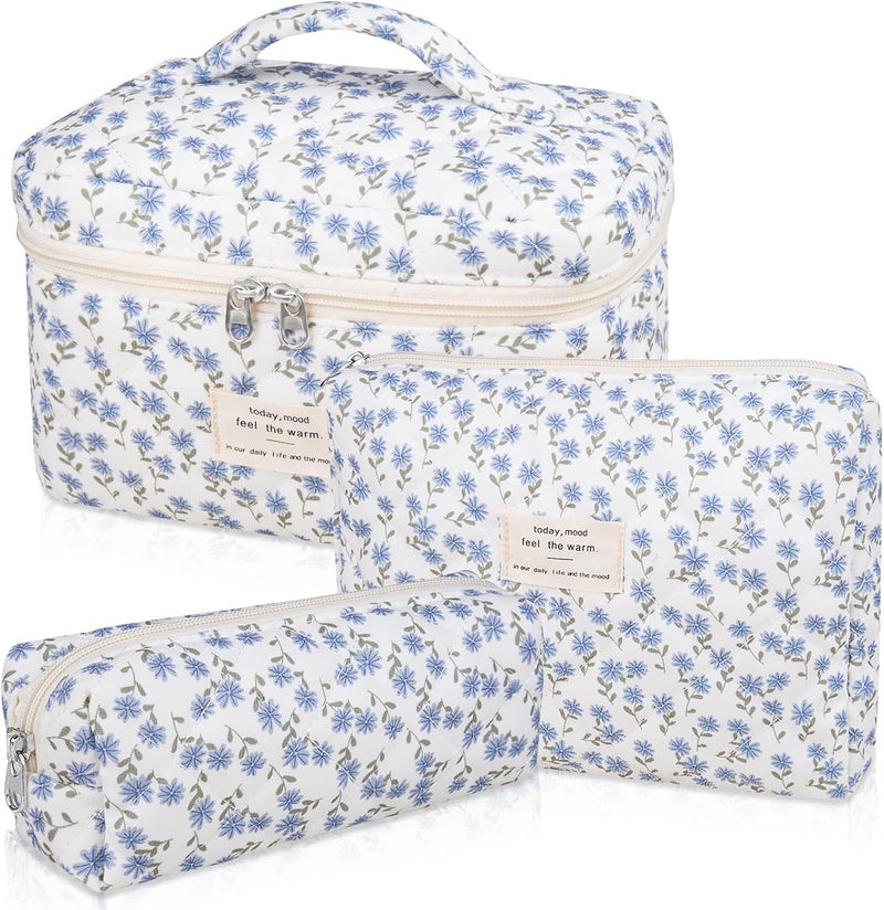 Gosect Makeup Bag Set, Quilted Makeup Bag, Large Floral Cosmetic Bag for Women, Cute Cotton Makeup Bags, Flower Travel Toiletry Organizer Bag (Blue Peacock Flower) - Image 1